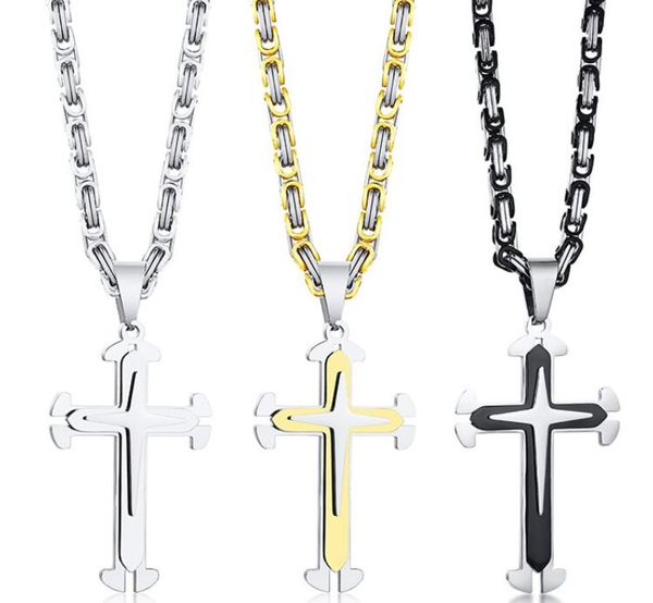 Cool Croix Pendentif Collier Hommes Garçons En Acier Inoxydable Or Argent Noir Chaîne Byzantine 4mm 24 Pouces