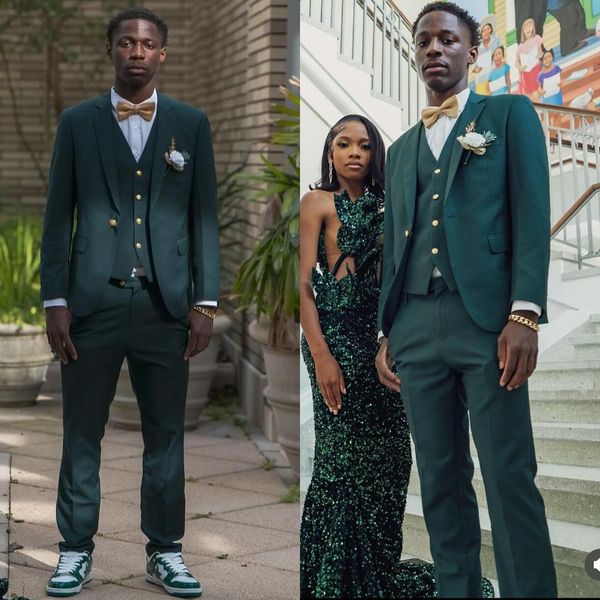 Traje de hombre verde oscuro fresco de la solapa de suelos de boda con tres piezas Croo use un botón Blazers de tarde formal con chaquetas y pantalones de chaleco