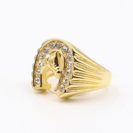 Cool Design Gold Crystal Lucky Horseshoe Ring Roestvrij staal Racing Sieraden Gold Horse Head Ring Band Finger247N