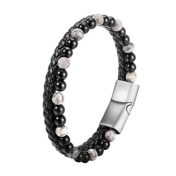 Bracelets en cuir véritable pour hommes, Design Cool, brins de perles d'agate noire et blanche naturelle, cadeau