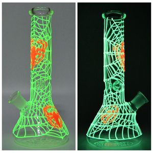 Cool Design Spider Web Glas Beker Bongs Hookahs Glow In The Dark Bong Rechte buis Waterpijpen Olie DAB Rigs Ice Pinch