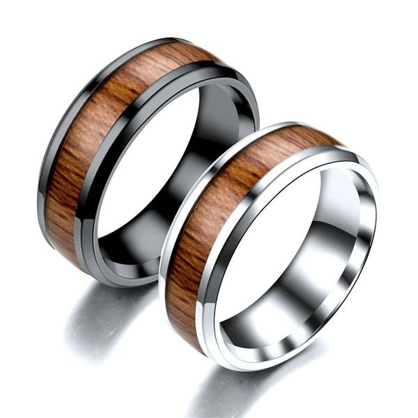 Anillo de banda de grano de madera de diseño fresco, anillos de dedo de acero inoxidable Retro, joyería para regalo