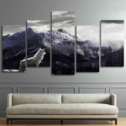 Cool HD Prints Canvas Wall Art Woonkamer Home Decor Foto 5 Stuks Sneeuw Berg Plateau Wolf Schilderijen Dieren Posters Framew228k