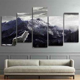 Cool HD Prints Canvas Wall Art Woonkamer Home Decor Foto 5 Stuks Sneeuw Berg Plateau Wolf Schilderijen Dieren Posters Framew294G