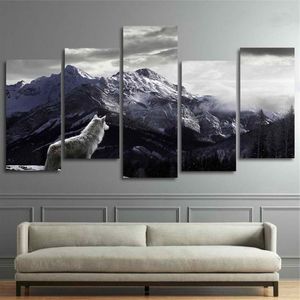 Cool HD Prints Canvas Wall Art Woonkamer Home Decor Foto 5 Stuks Sneeuw Berg Plateau Wolf Schilderijen Dier Posters Framew341p