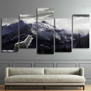 Cool HD impresiones lienzo arte de la pared sala de estar decoración del hogar imágenes 5 piezas nieve montaña meseta lobo pinturas animales carteles framew2682