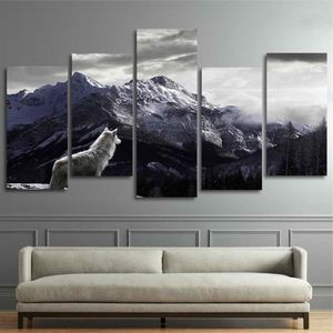 Cool HD Prints Canvas Wall Art Woonkamer Home Decor Foto 5 Stuks Sneeuw Berg Plateau Wolf Schilderijen Dieren Posters Framew228k