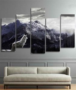 Imprimés HD Cool Toile Art mur art salon Home Decor Pictures 5 pièces Snow Mountain Plateau Wolf Paintes Affiches Animal Framew8842700
