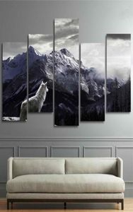 Cool HD -prints Canvas Wall Art Living Room Home Decor Pictures 5 stuks Snow Mountain Plateau Wolf Paintings Animal Posters Framew1469380