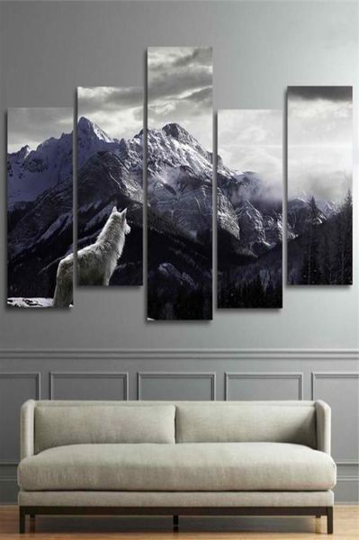 Cool HD Impressions Toile Mur Art Salon Décor À La Maison Photos 5 Pièces Neige Montagne Plateau Loup Peintures Animaux Affiches Framew1344054