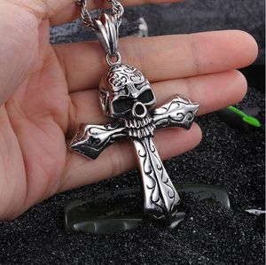 Cool grand motard en acier inoxydable 316L, squelette, crâne, pendentif croix, collier en corde pour hommes, bijoux gothiques, Vintage 24 pouces