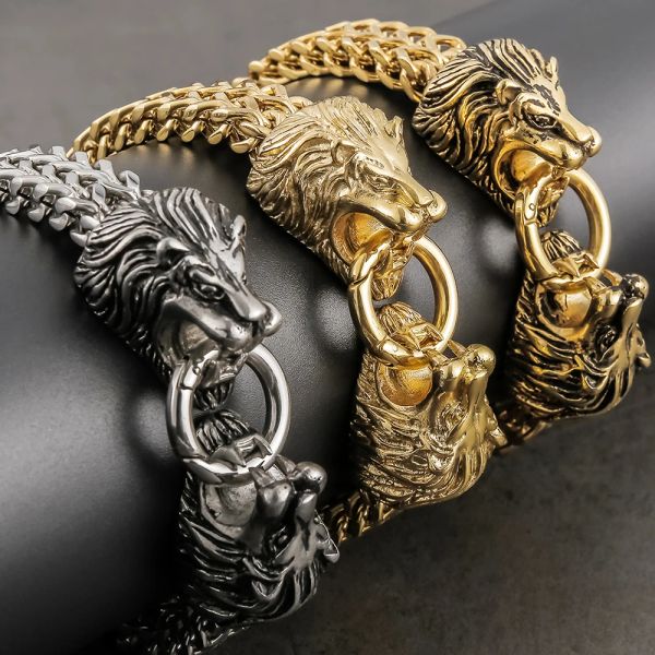 Bracelet tête de Lion Cool pour hommes, chaîne à maillons Figaro, manchette, lourd, solide, or jaune 14 carats, bijoux masculins