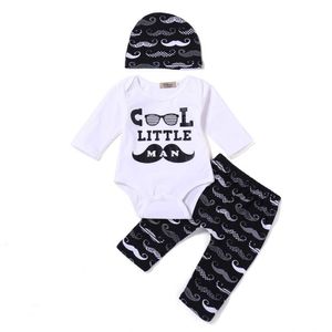 Cool Litttle Man Baby Boy Ropa 2 piezas Traje Mameluco de bebé + pequeños pantalones de bigote + sombrero Newbon Baby Boys Ropa Conjuntos G1023