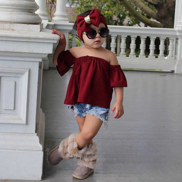 Cool Lovely Summer Enfants Vêtements Ensemble Fille Costumes T-shirt, Jeans, Bandeau Mix Commande Usine Coût Pas Cher En Gros