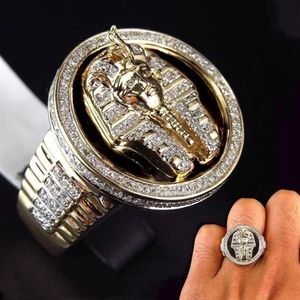 Cool mâle 18 k or deux tons noir émail diamant bague égyptien roi Toutankhamon anneau hommes bijoux de fête de mariage taille 7-13271n