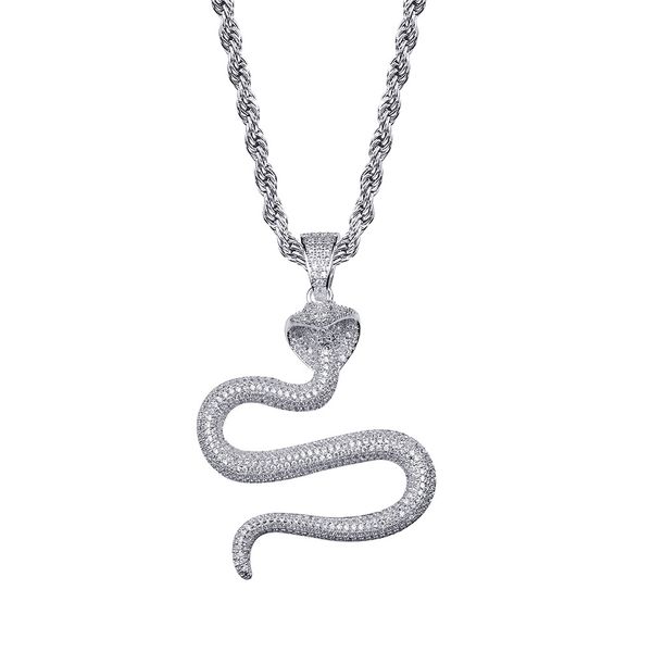 Cool Hommes Hip Hop Cobra Serpent Pendentif Collier Platine Plaqué Plein Charme Bling Blanc Zircon Bijoux
