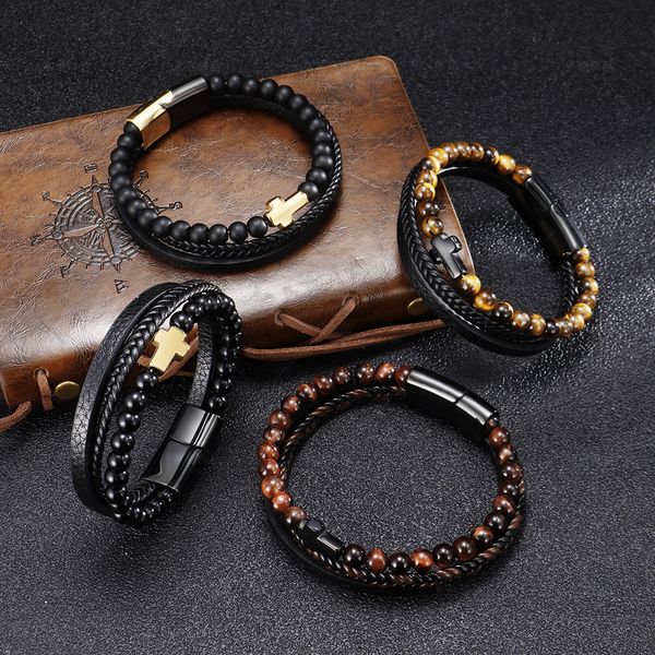 Bracelet en cuir à trois couches pour hommes, Style Cool, pierre naturelle, boucle en acier inoxydable, manchette, bijoux pour cadeau