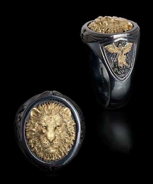 Cool Men039s 18K Gol jaune twotone Black Gold Diamond Ring Africa Grassland Lion Ring Men de mariage Bijoux de mariage Taille 7 14 9740545