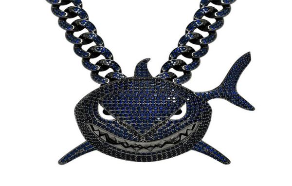 Cool Mens Hip Hop Collar chapado en oro Ice Out Bling Blue CZ Shark Colgante con CZ Cadena cubana para hombres Joyería Punk Gift5859409