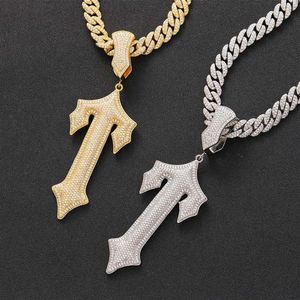 Cool Mens Hip Hop ketting Geel goud vergulde bling CZ Big Sword Cross Pendant Necklace met 24inch touwketen Nice Gift311r