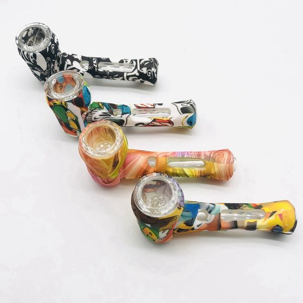 Cool Pattern Coloré Silicone Portable Style Amovible Pipes Herbe Tabac Oil Rigs Verre Multihole Filtre Bol Handpipes Fumer Cigarette Porte-Main Tube