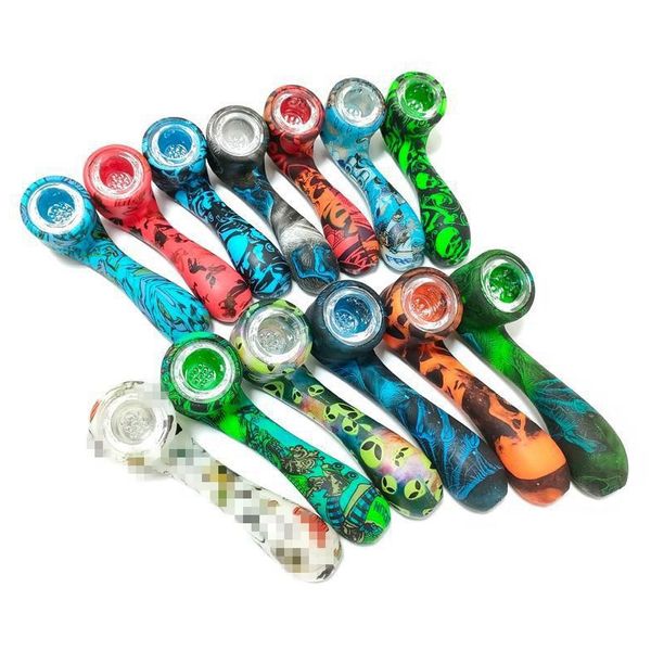 Cool Pattern Coloré Silicone Portable Style Pipes Herb Tabac Oil Rigs Verre Multihole Filtre Bol Handpipes Fumer Cigarette Main Titulaire Tube DHL