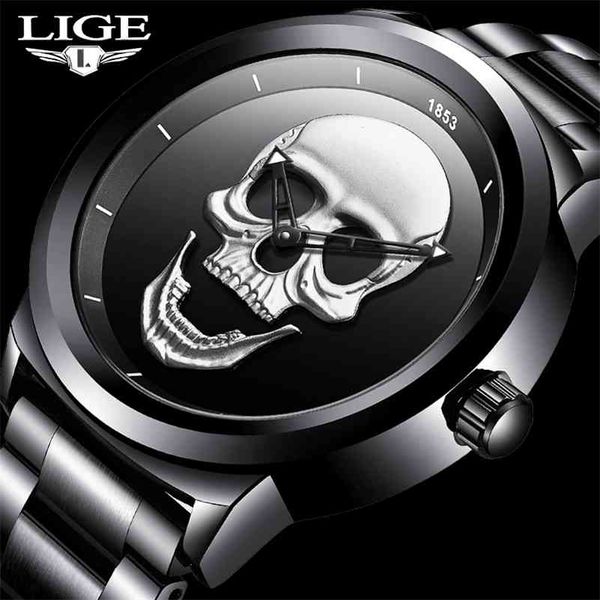 Cool Punk 3D Skull Hommes Montre Marque LIGE Luxe Acier Quartz Hommes Montres Étanche Rétro Mode Or Noir Horloge Relogio 210329