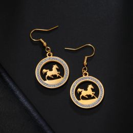 Boucles d'oreilles cheval de course Cool pour femmes et filles, en or jaune 14k, en Zircon transparent, rondes, couleur or, bijoux animaux, cadeau