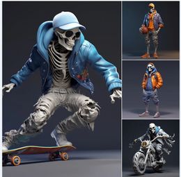 Figurines de squelette Cool, crâne en résine, artisanat, skateboard sur une moto, décorations d'halloween, décoration de bureau, cadeaux 240124