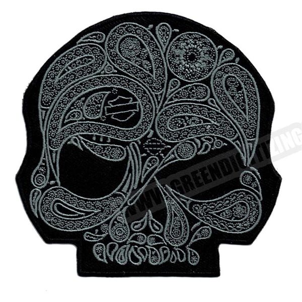 Cool calavera flor plata motocicleta parches para chaleco chaqueta bordado Punk Biker parche DIY tela parche aplique insignia Shippi268h