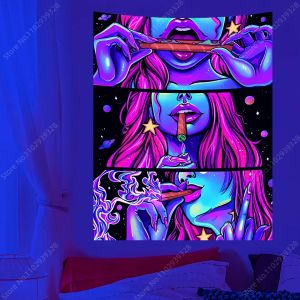 Cool Smoking Girl UV réactif Tapisserie Hippie Psychedélique Tapastes Art Aesthée Kawaii Mur suspendu Décor de fête de chambre à coucher