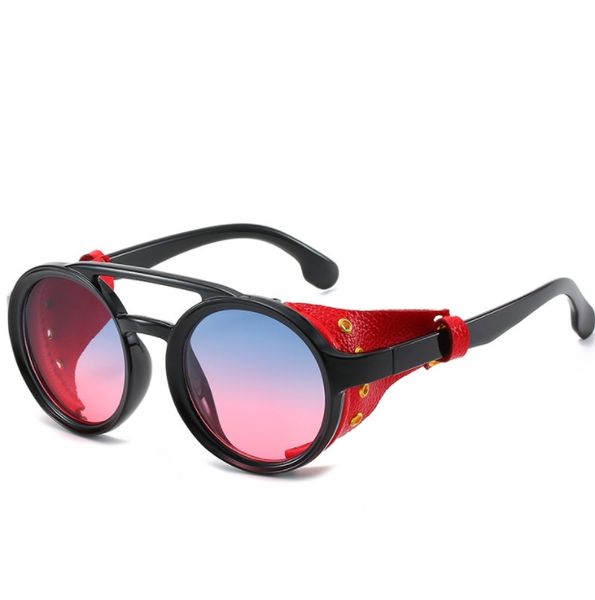 Cool SteamPunk Punk Style lunettes de soleil rondes en cuir côté bouclier marque conception mode lunettes de soleil en gros