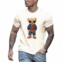 Camiseta de moda de los hombres del oso de peluche fresco para el verano al aire libre, camiseta casual de cuello redondo de estiramiento medio Camiseta de manga corta con estilo gráfico v8Gz #