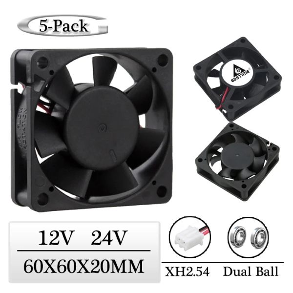 Enfriamiento 5 pcs gdstime dc 12v 24v 60x60x20mm Ventilador de enfriamiento de motor dual 60 mm x 20 mm 6020 Equipo sin cepillo Case de chip de chip de CPU Ventilador