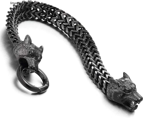 COOLSTEELANDBEYOND Biker Bracelet chaîne Franco tête de loup en acier inoxydable pour hommes avec boucle à ressort