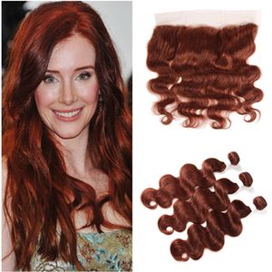 Bundles de cheveux vierges indiens rouges cuivrés ondulés avec fermeture supérieure # 33 Extensions de tissage de cheveux humains auburn foncé avec fermeture à lacet 4x4