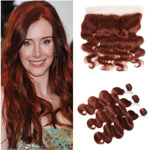 Koper Rood Indiase Maagd Haarbundels Body Wave Golvend met Topsluiting # 33 Dark Auburn Menselijk Haar Weeft Extensies met Kantsluiting 4x4