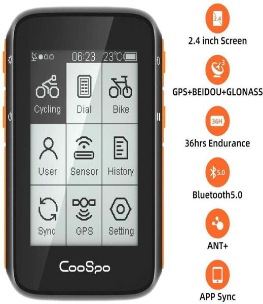 COOSPO Ciclo inalámbrico Bike Computer GPS Odómetro Odómetro de 24 pulgadas Ble50 Ant Snync Sensor impermeable con soporte 2011209341301