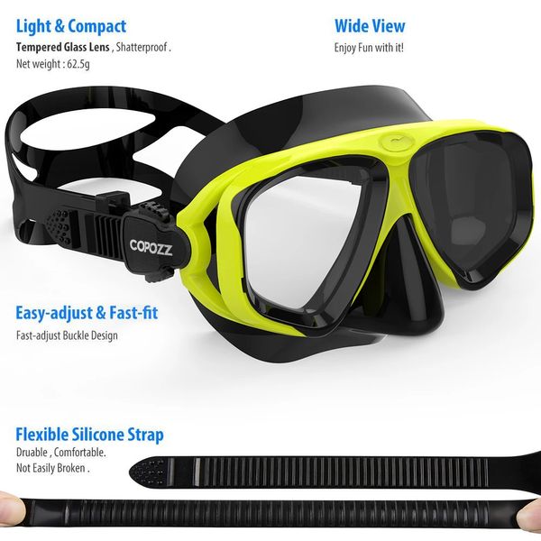 Copozz Professional Diving Scuba Mask sin empañamiento Snorkeling Gases de buceo Seal Goggles de vidrio templado Hombres Mujeres 240416