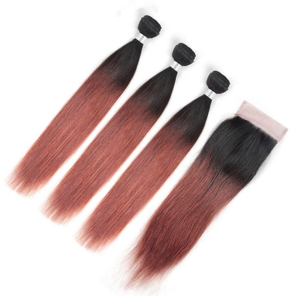 Cobre rojo Ombre Cabello humano peruano recto 3 paquetes con cierre 4 piezas Lote # 1B / 33 Paquetes de tejido Ombre castaño oscuro con cierre de encaje 4x4