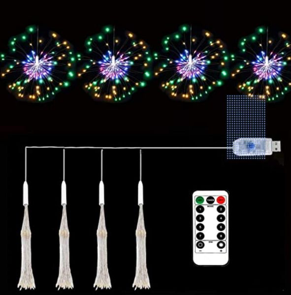 Luces de fuegos artificiales de alambre de cobre USB 4 piezas 320LED luz de hadas 8 patrones luz de estallido estelar, adecuado para luces colgantes de cadena de decoración interior