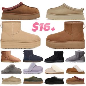 Coquette Designer Tasman Slippers uggsboot tasman laarzen Kastanjebont Slippers Schapenvacht Shearling Tazz Muiltjes Dames Heren Ultra Mini Platform Laarzen Suède Herfst Winter