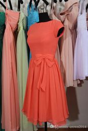 Coral Chiffon Bridesmeisje jurk knie lengte dop mouwen echte foto korte formele bruiloftsavond slijtage bruidsjurken plus plus