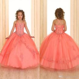 Coral Crystals Girls Girls Pageant Robes 2020 Sans manches Organza Fleur Robes Girl Corset Back Pageant Robes pour adolescents 198V