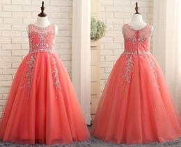 Coral Designer Cheap Girls Pageant Jurken 2021 Goedkope Sheer Hals Crystal Beaded New Girls Party Prom Dress Tulle A Line Rits Terug