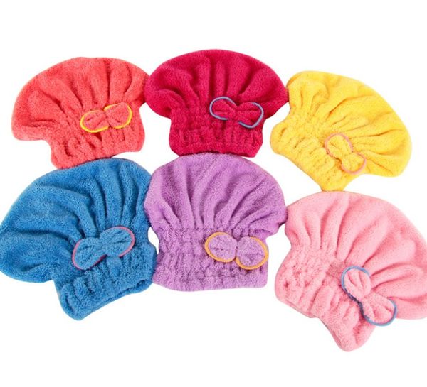 Chapeau de bain en molleton de corail bonnets de douche pour cheveux magiques séchage à sec Turban serviette enveloppante Absorption d'eau rapide mignon arc maquillage serviette