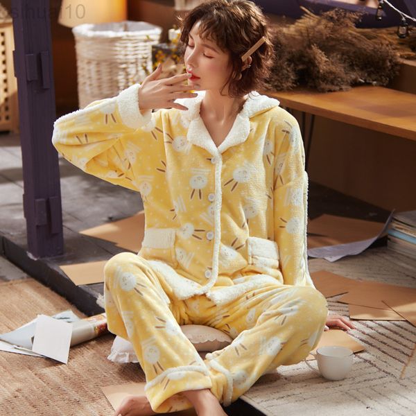 Coral Fleece Pyjama Ensembles Femmes Hiver Patchwork Col Rabattu Chaud Manches Longues Vêtements De Nuit Élégant Salon Mignon Flanelle Pyjamas L220803