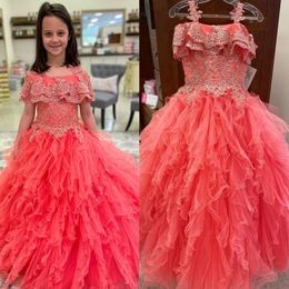 Coral Girl Pageant Dress 2023 Ruches Tiered Tulle Ballgown Little Kid Birthday Formal Event Party Jurk baby peuter tieners preteen Tiny Jonge Junior Miss Rachel