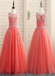 Coral Girls Pageant Robes Crystals Beadings Sparkly Tulle A Line Floor Longueur Birthday Party Robe Flower Girl Custom Made6621506