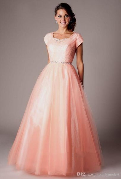 Coral Long Aline Vestidos de baile de graduación con mangas de la gorra Longitud del piso Tul Tulle Tulle High School Modest Evening Prom Gowns Che4138349